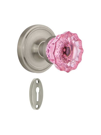 Classic Rosette Mortise Lock Set with Colored Fluted Crystal Glass Knobs Pink in Satin Nickel.